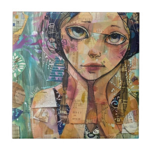 Mixed Media Collage Portrait Art (8) Ceramic Tile