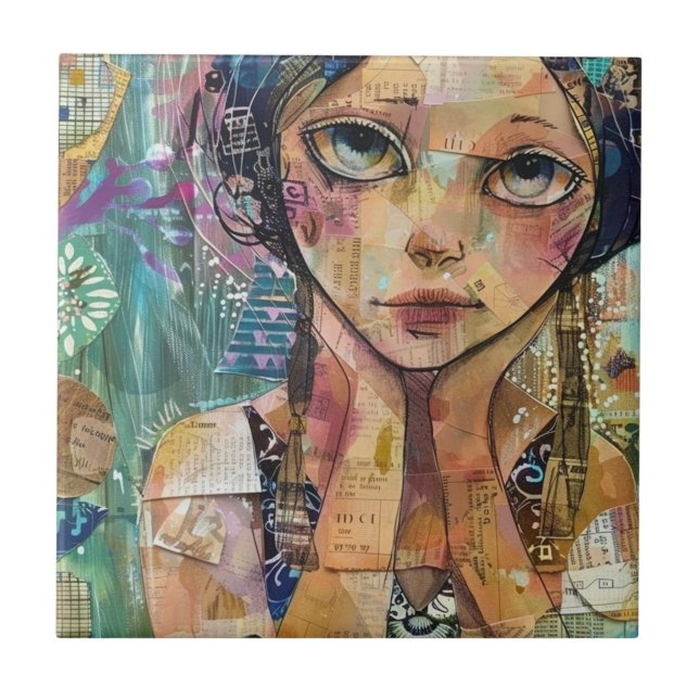Mixed Media Collage Portrait Art (8) Ceramic Tile (Front)