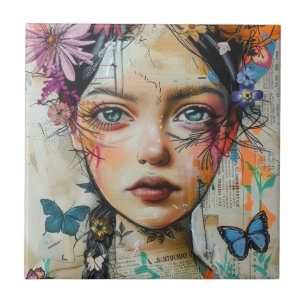 Mixed Media Collage Portrait Art (9) Ceramic Tile
