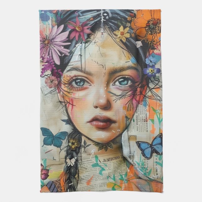 Mixed Media Collage Portrait Art (9) Kitchen Towel (Vertical)