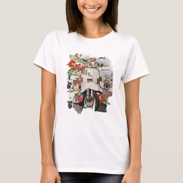 Mixed Media Collage Vintage Traveling Woman T-Shirt (Front)
