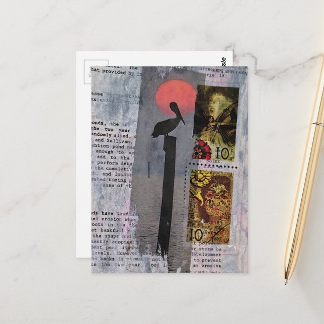 mixed media collage with a pelican postcard (Front/Back In Situ)