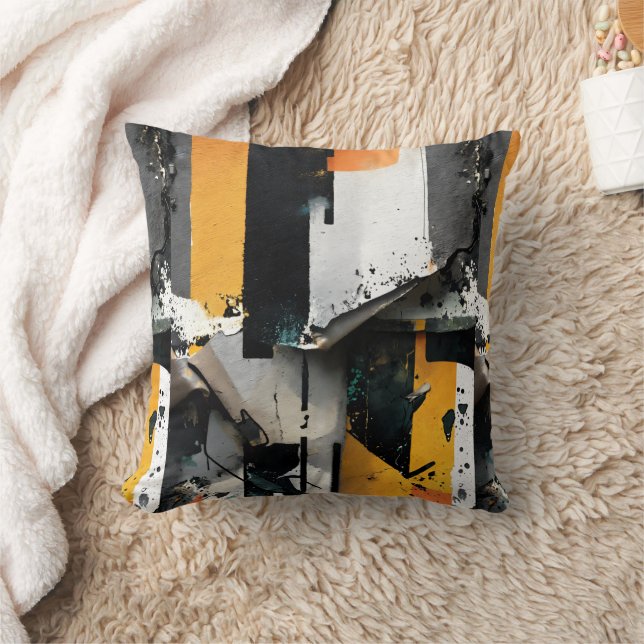 Mixed Media Collage (yellow + black) 2-sided Throw Pillow (Blanket)