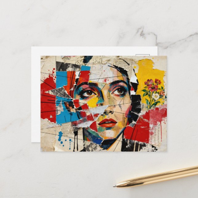 Mixed media Face and flowers Collage Postcard (Front/Back In Situ)
