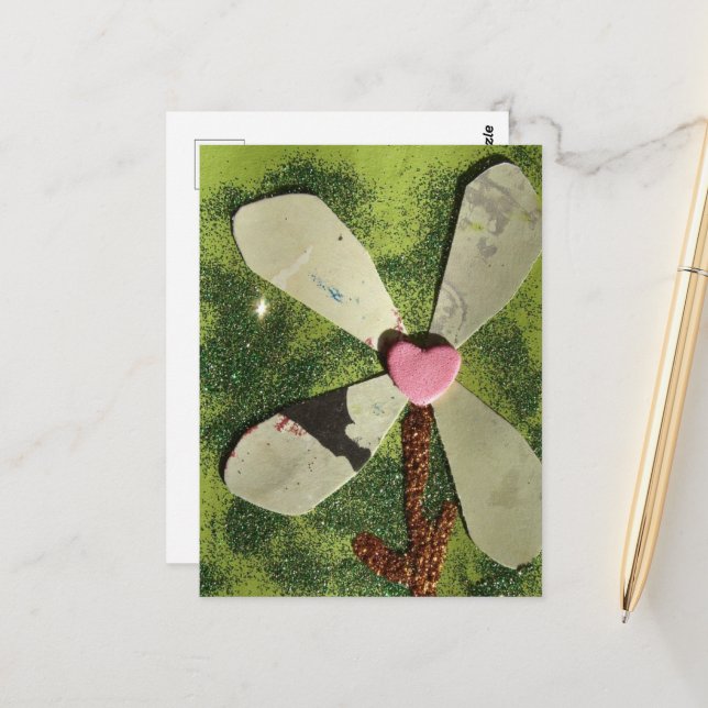 Mixed media flower pink heart center postcard (Front/Back In Situ)