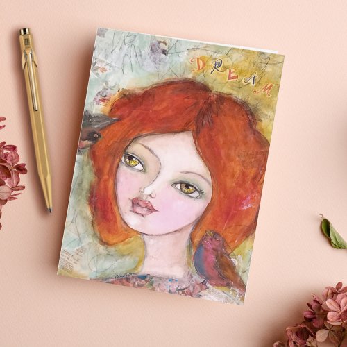 Mixed Media Girl Birds Cute Fun Whimsical Art Note Card