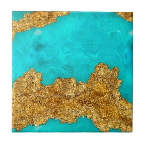 Mixed Media Gold and Turquoise Ceramic Tile