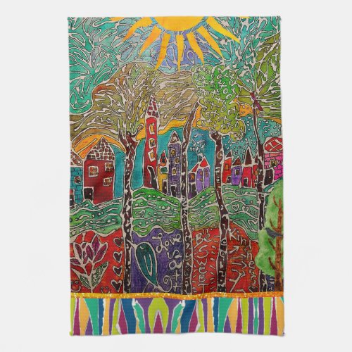 Mixed Media Houses and Landscape Kitchen Towel