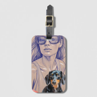 Mixed Media Illustration of a Woman and Dachshund Luggage Tag