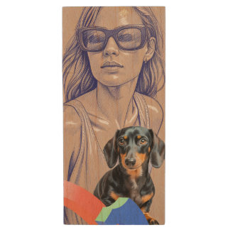 Mixed Media Illustration of a Woman and Dachshund Wood Flash Drive