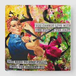 Mixed Media Inspirational Rosie the Riveter Square Wall Clock