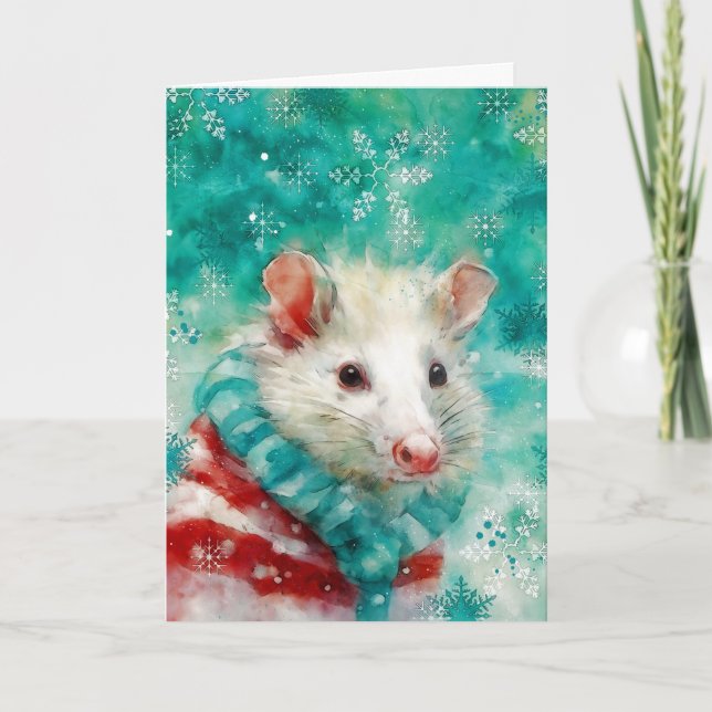 Mixed Media Opossum Print Christmas Card AP445B1 (Front)