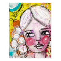 Mixed Media Painting Cute Girl Fun Whimsical Art Postcard