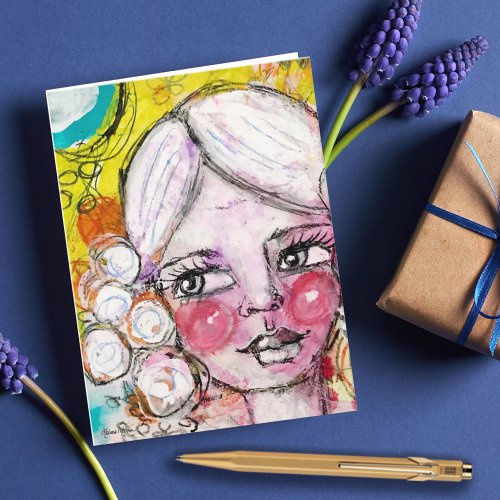 Mixed Media Painting Cute Girl Whimsical Art Note Card