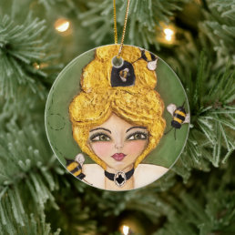 Mixed Media Queen Bee Hive Girl Fun Whimsical Art Ceramic Ornament