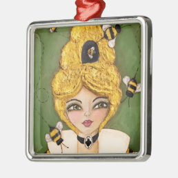Mixed Media Queen Bee Hive Girl Fun Whimsical Art Metal Ornament