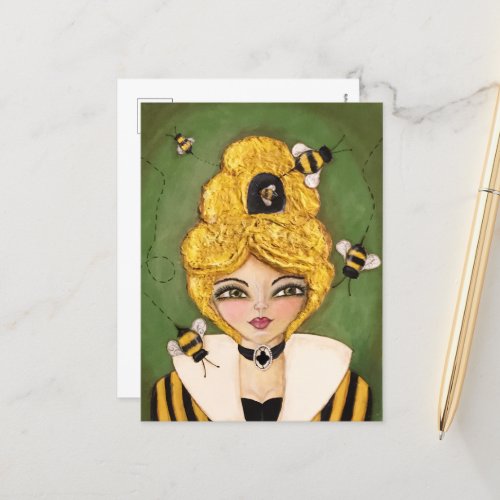 Mixed Media Queen Bee Hive Girl Fun Whimsical Art Postcard