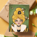 Mixed Media Queen Bee Hive Girl Whimsical Art Note Card<br><div class="desc">This whimsical postcard is designed using my fun, original mixed media Bee Hive Hair Girl artwork. She has a group of busy bees flying out of the hive, a sweet bee silhouette cameo around her neck, and a black and yellow striped top with a high white collar all set against...</div>