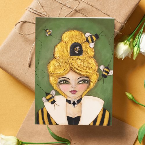 Mixed Media Queen Bee Hive Girl Whimsical Art Note Card