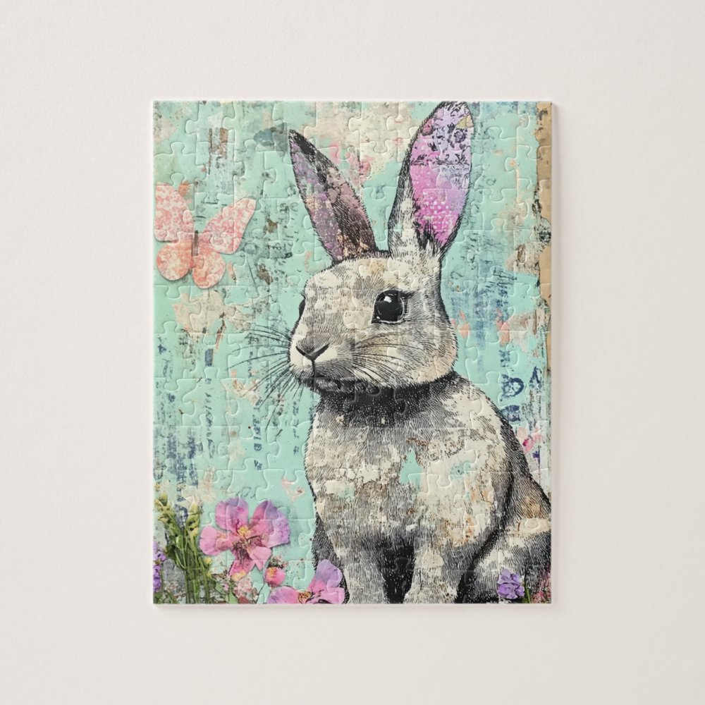 Mixed Media Rabbit Pink Butterfly and Flowers Jigsaw Puzzle