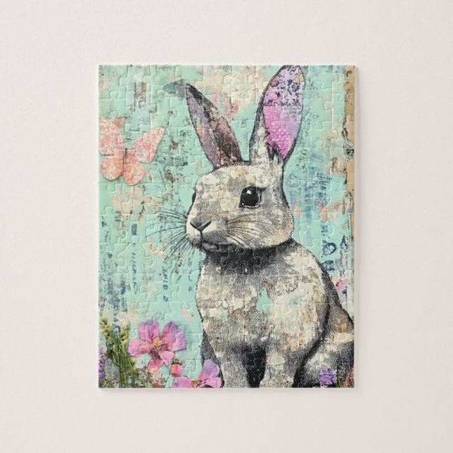 Mixed Media Rabbit Pink Butterfly and Flowers Jigsaw Puzzle (Vertical)