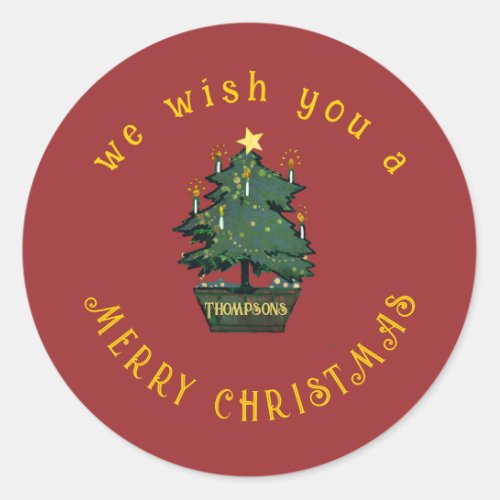Mixed Media Retro Merry Christmas Tree Classic Round Sticker