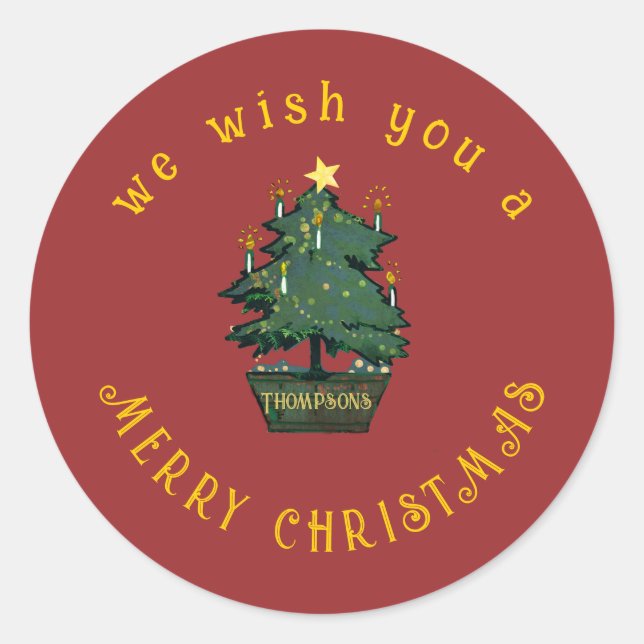 Mixed Media Retro Merry Christmas Tree Classic Round Sticker (Front)