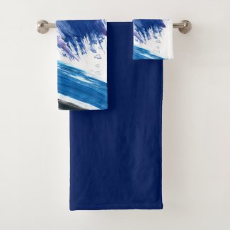 Mixed media watercolor blue abstract artistic bath towel set