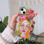 Mixed Media Whimsical Girl Artistic Colorful Fun iPhone 13 Pro Case<br><div class="desc">This fun, colorful iPhone cased was created using my original whimsical girl on a background in shades of aqua blue and bright pink surrounded by a crown of flowers in burnt orange and bright pink, beautiful butterflies in aqua blue, vibrant yellow, and soft green, a peace sign, a cute little...</div>