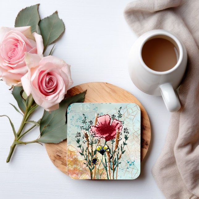Mixed Media Wildflower Coaster Set (Artistic Home Decor: Wildflower Pink Poppy Square Coaster Set)