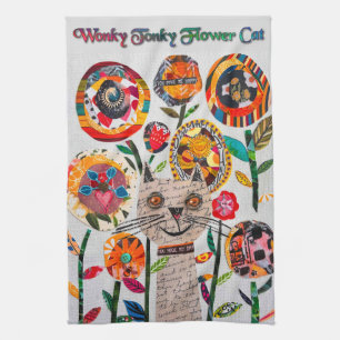 Mixed Media Wonky Cat and Flowers Kitchen Towel
