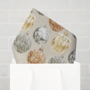 Mixed Metallic Ornaments on Neutral Beige Tissue Paper