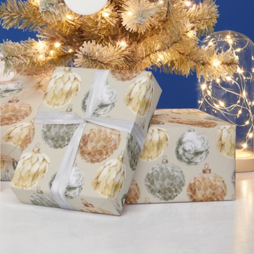Mixed Metallic Ornaments on Neutral Beige Wrapping Paper