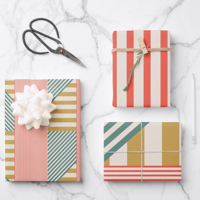 Mixed Modern Stripes Christmas Holiday Wrapping Paper Sheets (Front)