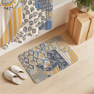 Mixed Motif Drapery Cream Yellow Slate Blue Beige Bath Mat