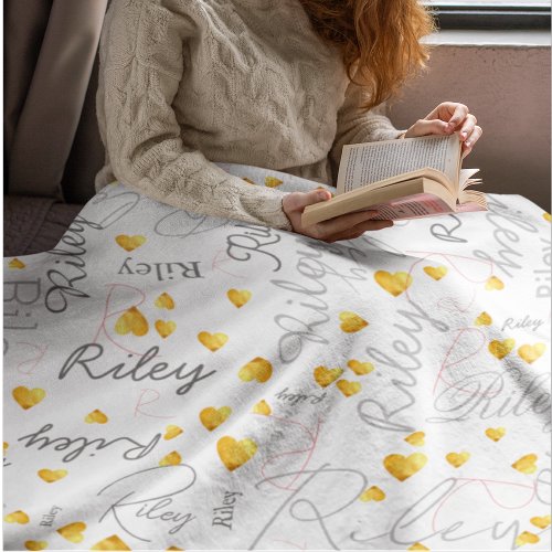 mixed names initials and gold hearts replicated  fleece blanket