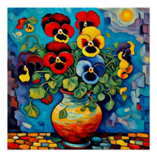 Mixed Pansies in vase Poster