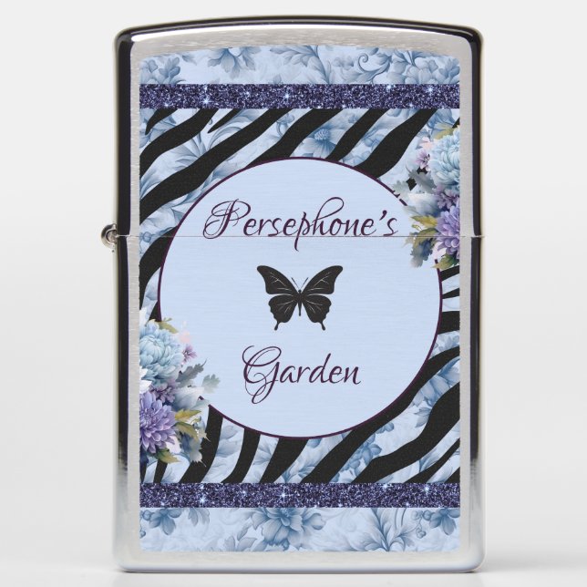 Mixed pattern blue and purple floral tote bag zippo lighter (Front)
