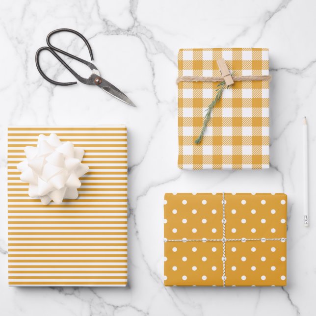 Mixed Patterns Marigold Stripes Gingham Polka Dot Wrapping Paper Sheets (Front)