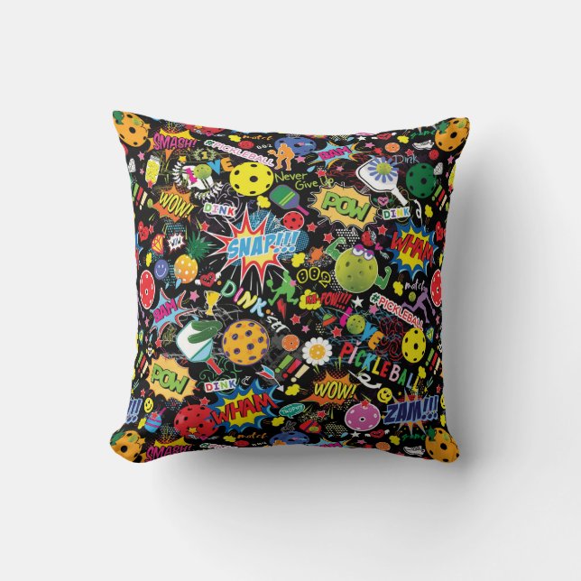 😍 mixed pickleball black Throw Pillow (Front)