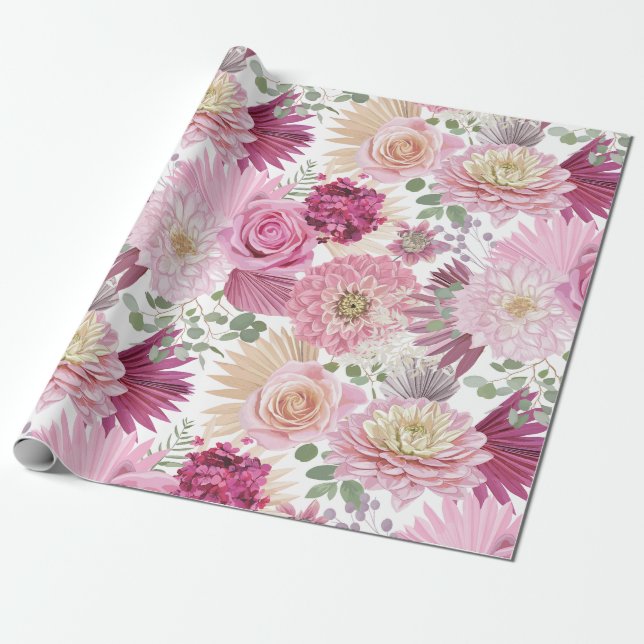 Mixed Pink Garden Flowers   Wrapping Paper (Unrolled)