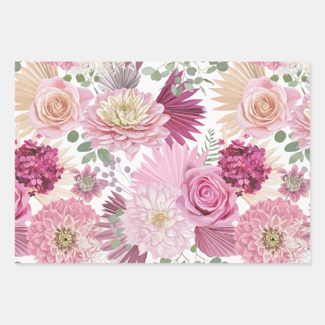 Mixed Pink Garden Flowers  Wrapping Paper Sheets (Front)
