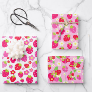 Mixed Pink & Red Summer Strawberries & flowers Wrapping Paper Sheets
