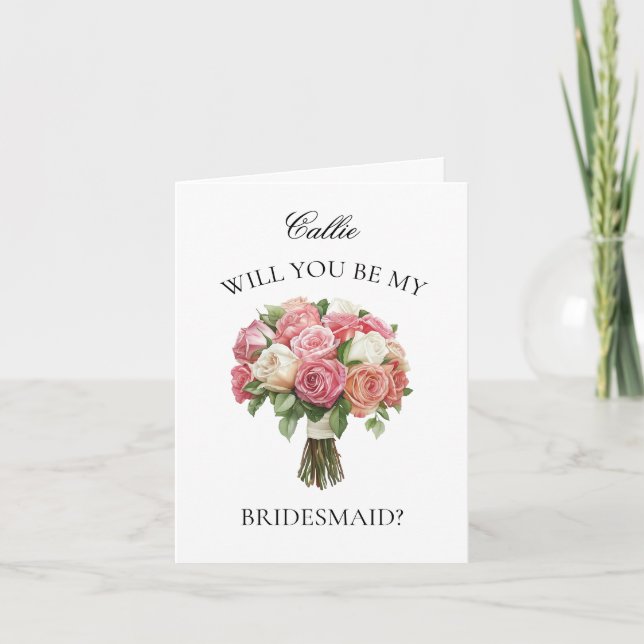 Mixed Pink Roses Bouquet Bridesmaid Proposal Invitation (Front)