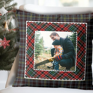 Mixed Plaid Modern Rustic Family Photo Throw Pillow