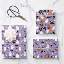 Mixed Purple Halloween Patterns Ghost Pumpkin Bat Wrapping Paper Sheets
