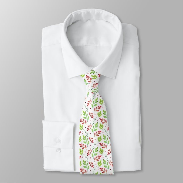 Mixed Red, Green Watercolor Leaves Pattern     Neck Tie (Tied)