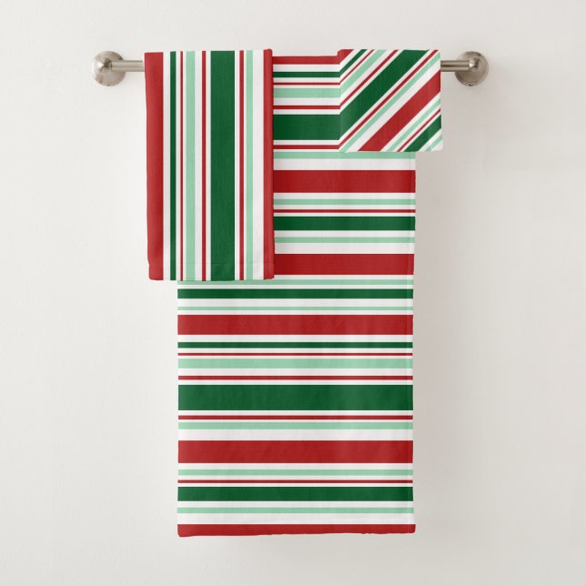 Mixed Red, Green, White Christmas Stripes Bath Towel Set (Insitu)