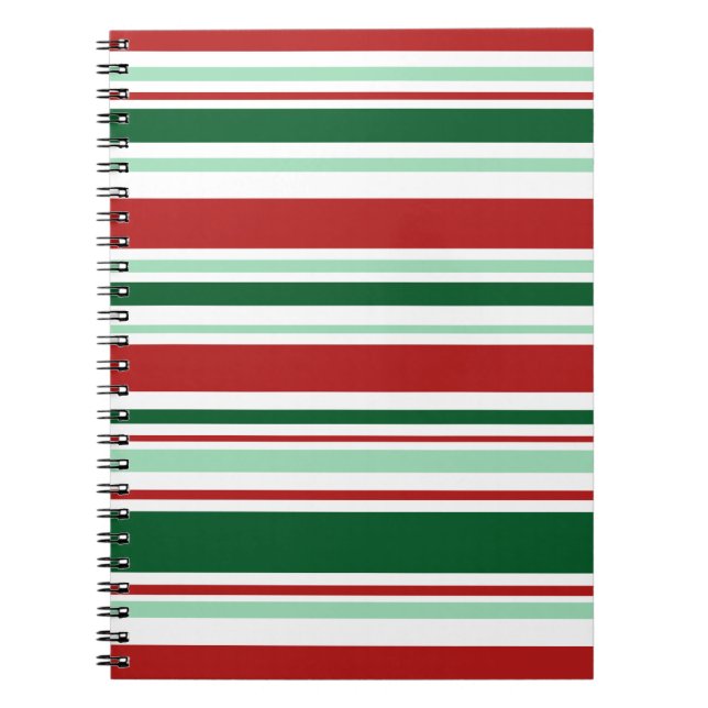 Mixed Red, Green, White Christmas Stripes Notebook (Front)