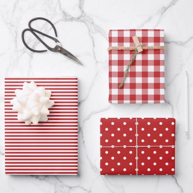 Mixed Red White Patterns Stripes Gingham Polka Dot Wrapping Paper Sheets (Front)